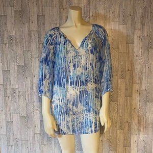 Ethyl Women's 3/4 Sleeve Sheer Blouse White and Blue, Size Large